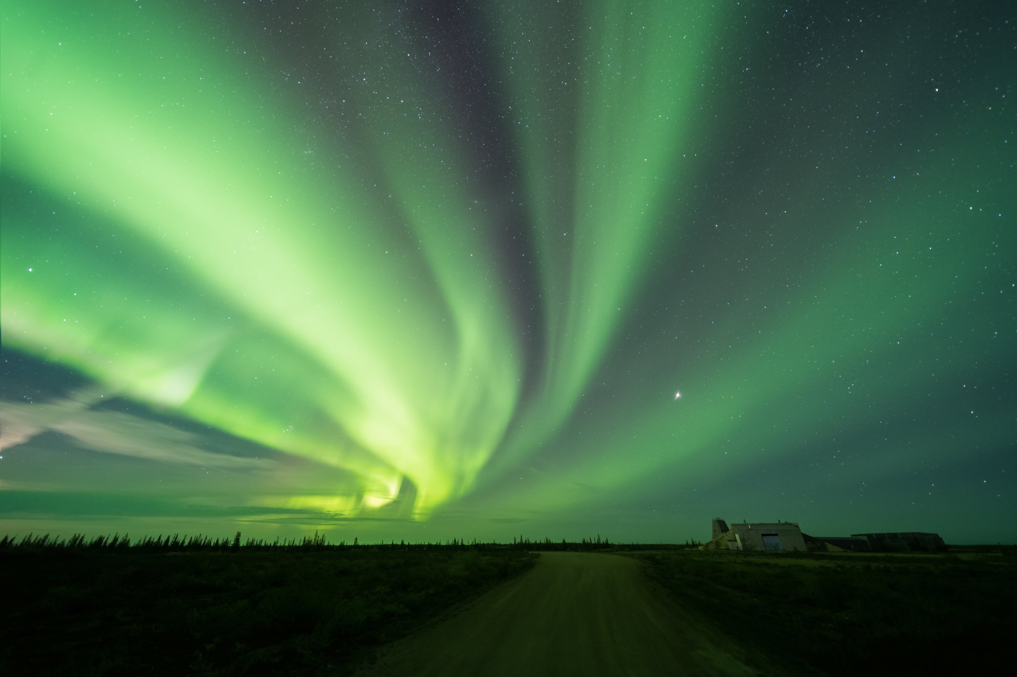 Stunning Aurora Borealis over tundra landscape in Churchill, Manitoba