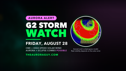Aurora alert: G2 storm watch for Friday, August 28, 2026, with the NOAA aurora view-line globe