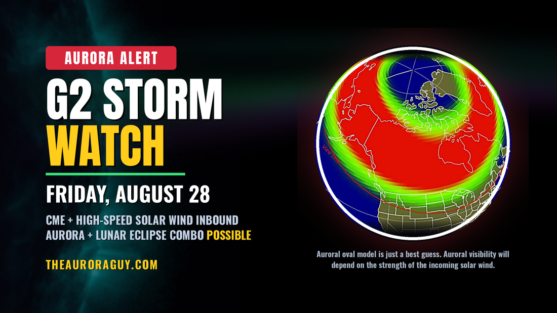 Aurora alert: G2 storm watch for Friday, August 28, 2026, with the NOAA aurora view line globe