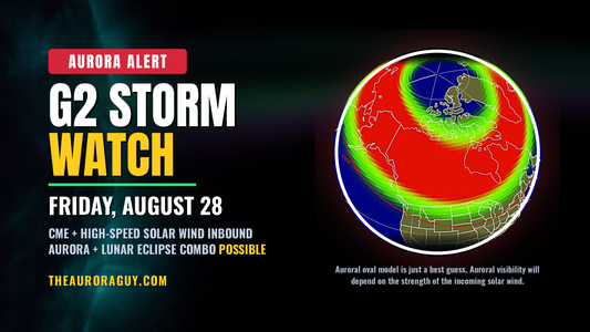 Aurora alert: G2 storm watch for Friday, August 28, 2026, with the NOAA aurora view line globe