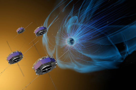 GOES satellites flying in outer space in Earth's magnetosphere