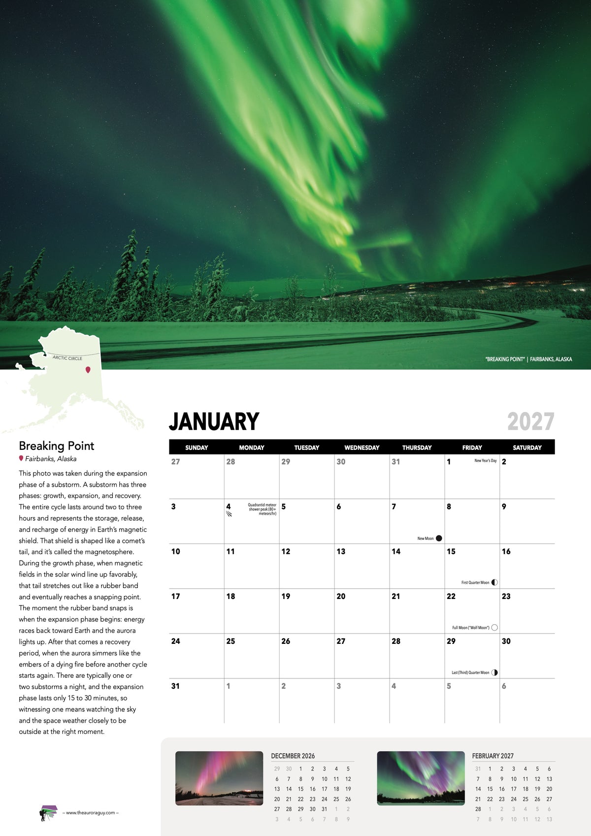 January page of the 2027 Awesome Auroras calendar (International version): "Breaking Point", Fairbanks, Alaska, above the January 2027 date grid with moon phases and sky events.