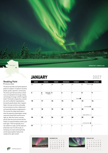 January page of the 2027 Awesome Auroras calendar (International version): "Breaking Point", Fairbanks, Alaska, above the January 2027 date grid with moon phases and sky events.