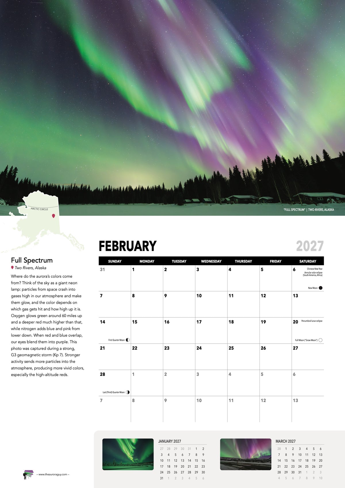 February page of the 2027 Awesome Auroras calendar (International version): "Full Spectrum", Two Rivers, Alaska, above the February 2027 date grid with moon phases and sky events.