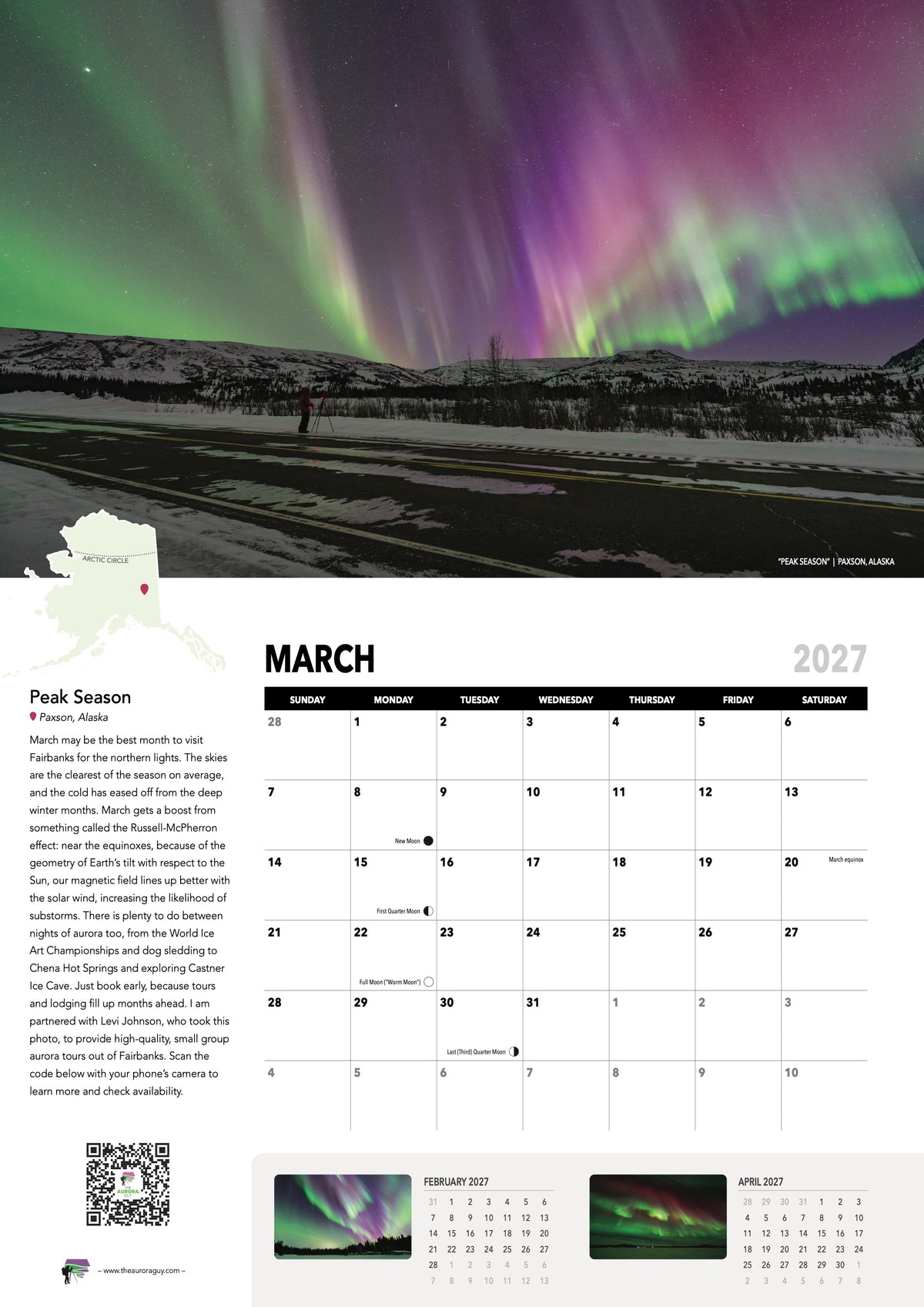 March page of the 2027 Awesome Auroras calendar (International version): "Peak Season", Paxson, Alaska, above the March 2027 date grid with moon phases and sky events.