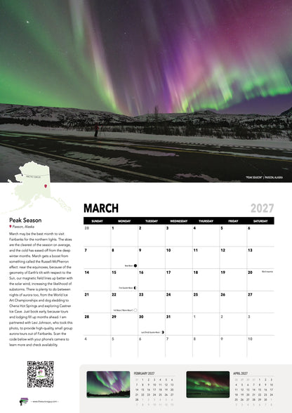 March page of the 2027 Awesome Auroras calendar (International version): "Peak Season", Paxson, Alaska, above the March 2027 date grid with moon phases and sky events.