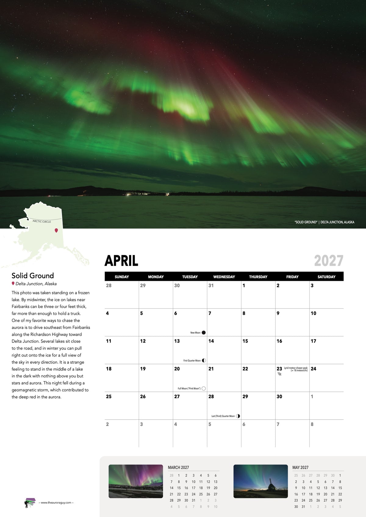 April page of the 2027 Awesome Auroras calendar (International version): "Solid Ground", Delta Junction, Alaska, above the April 2027 date grid with moon phases and sky events.