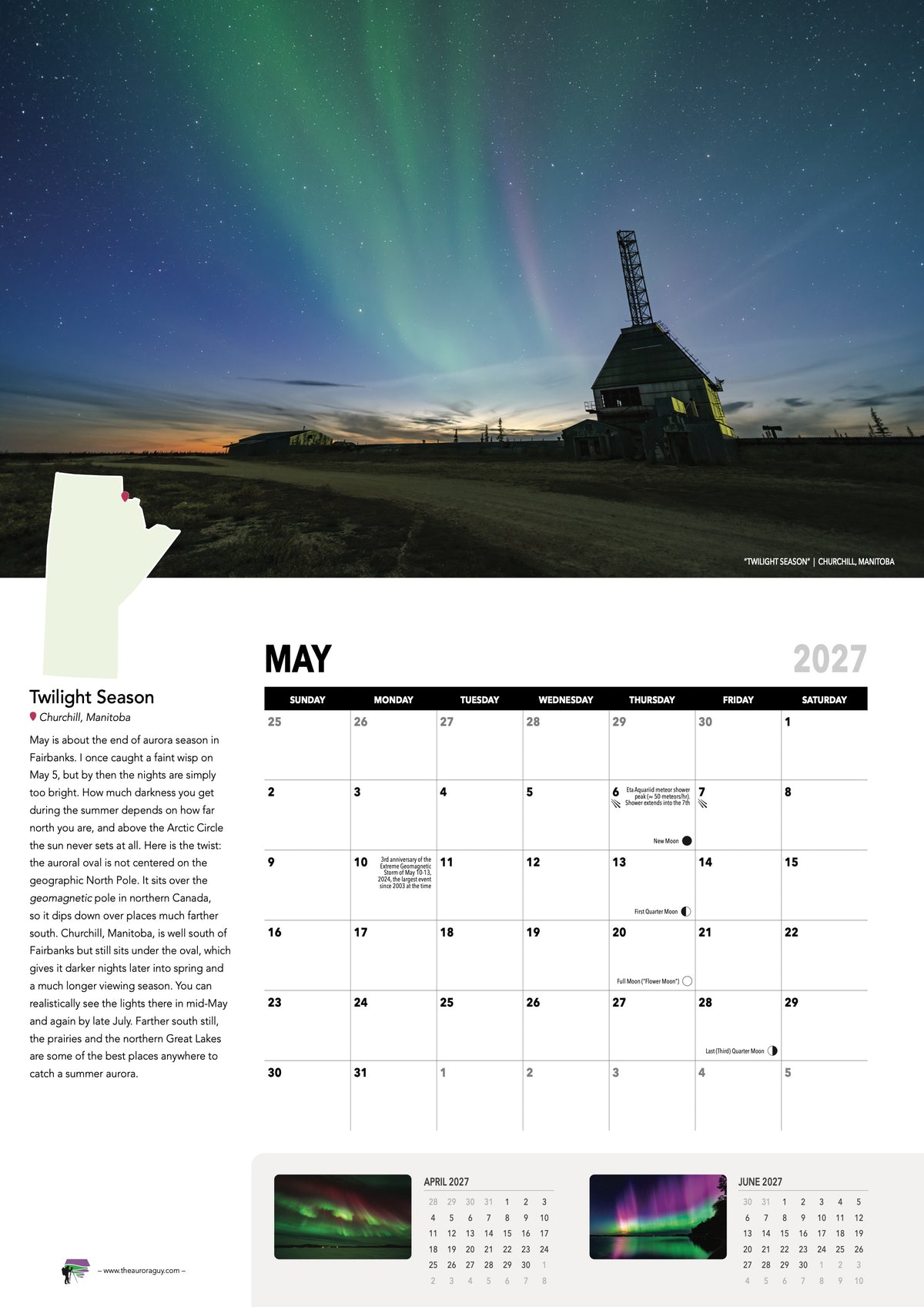 May page of the 2027 Awesome Auroras calendar (International version): "Twilight Season", Churchill, Manitoba, above the May 2027 date grid with moon phases and sky events.