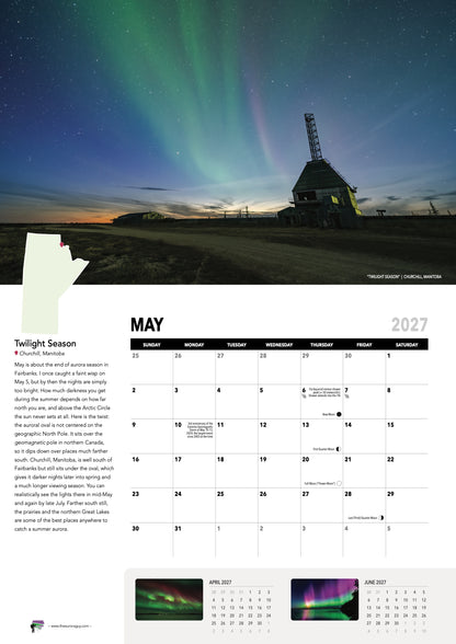 May page of the 2027 Awesome Auroras calendar (International version): "Twilight Season", Churchill, Manitoba, above the May 2027 date grid with moon phases and sky events.
