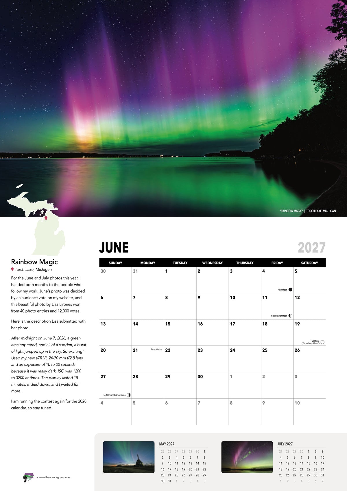 June page of the 2027 Awesome Auroras calendar (International version): "Rainbow Magic", Torch Lake, Michigan, above the June 2027 date grid with moon phases and sky events. Photo by Lisa Lirones.
