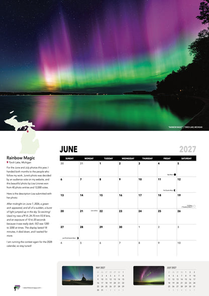 June page of the 2027 Awesome Auroras calendar (International version): "Rainbow Magic", Torch Lake, Michigan, above the June 2027 date grid with moon phases and sky events. Photo by Lisa Lirones.