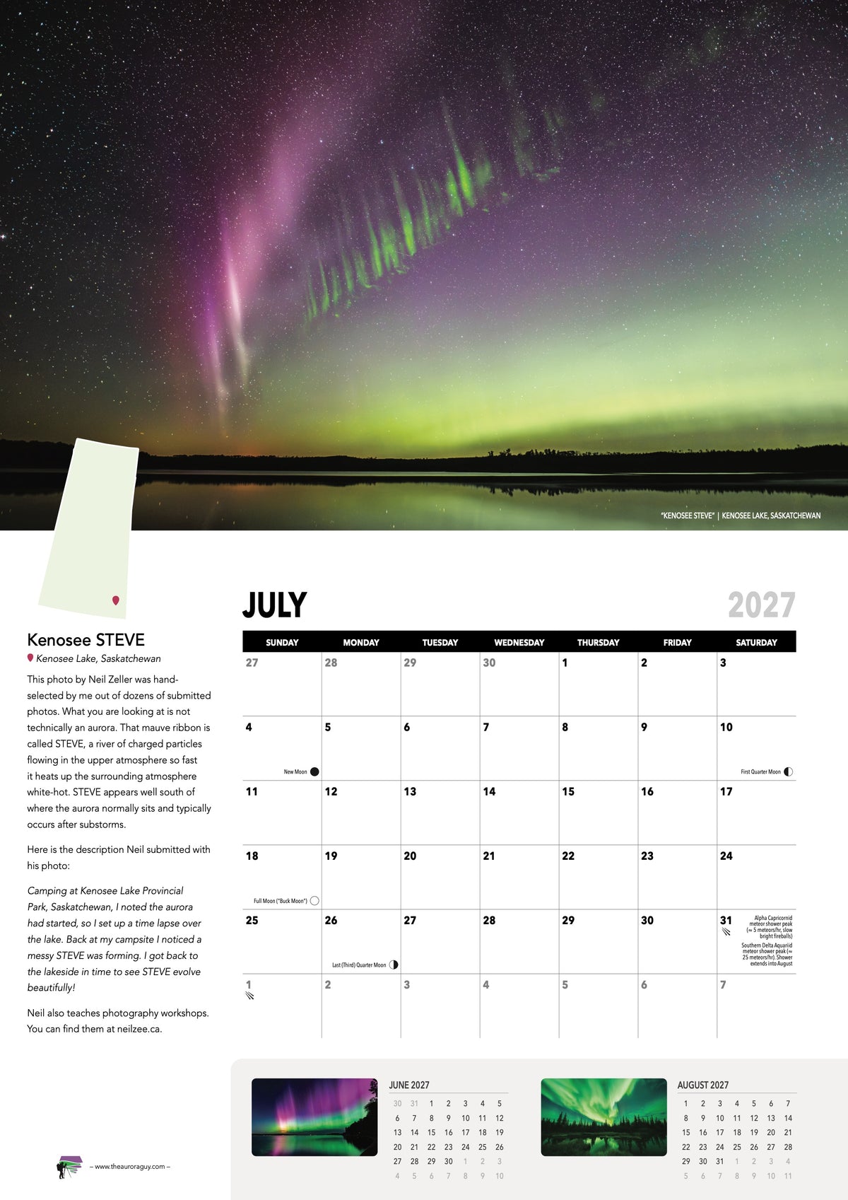 July page of the 2027 Awesome Auroras calendar (International version): "Kenosee STEVE", Kenosee Lake, Saskatchewan, above the July 2027 date grid with moon phases and sky events. Photo by Neil Zeller.