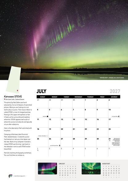 July page of the 2027 Awesome Auroras calendar (International version): "Kenosee STEVE", Kenosee Lake, Saskatchewan, above the July 2027 date grid with moon phases and sky events. Photo by Neil Zeller.
