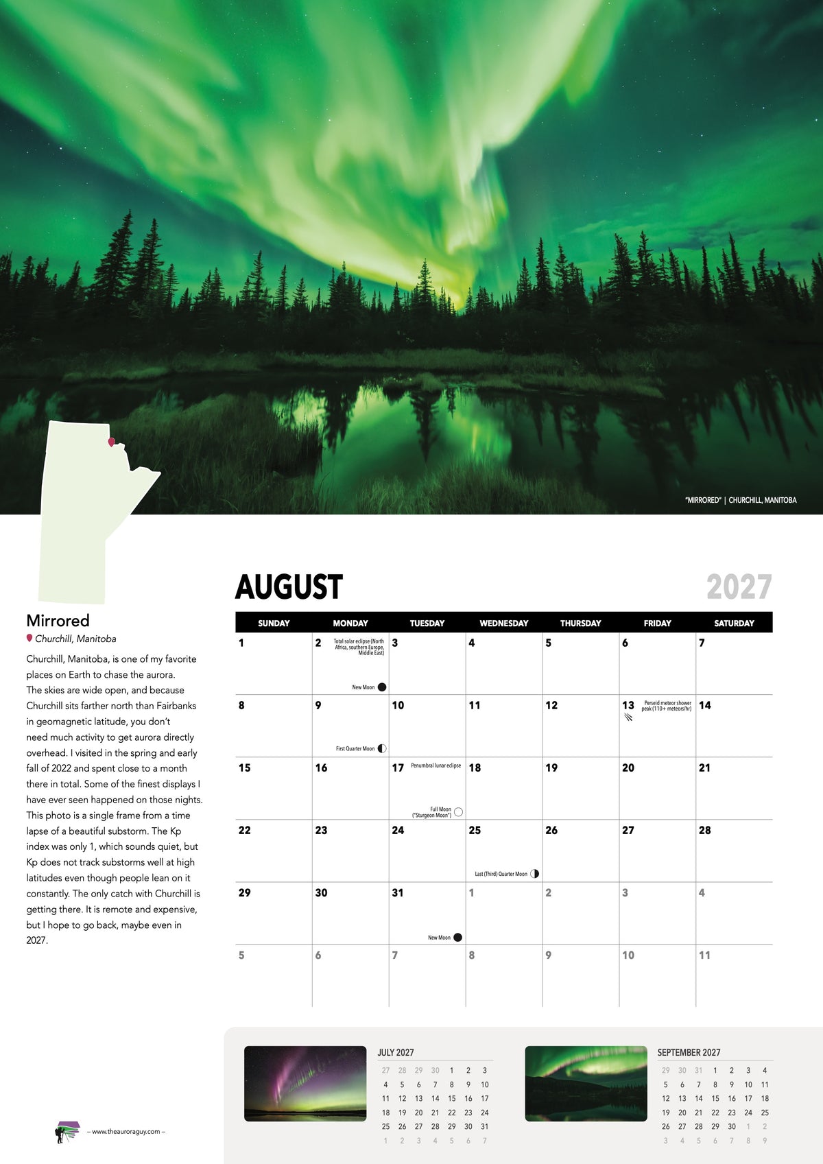 August page of the 2027 Awesome Auroras calendar (International version): "Mirrored", Churchill, Manitoba, above the August 2027 date grid with moon phases and sky events.