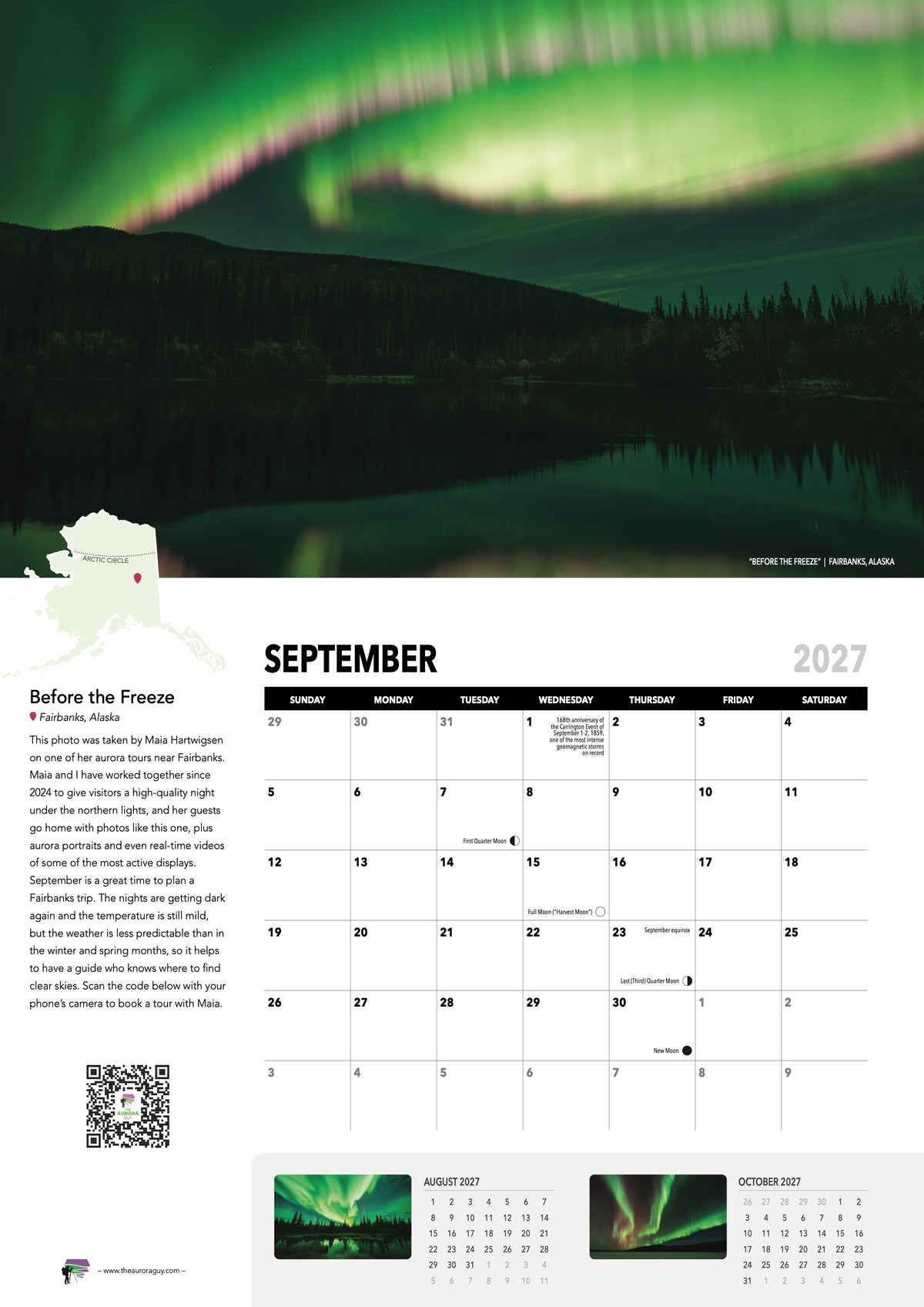 September page of the 2027 Awesome Auroras calendar (International version): "Before the Freeze", Fairbanks, Alaska, above the September 2027 date grid with moon phases and sky events.