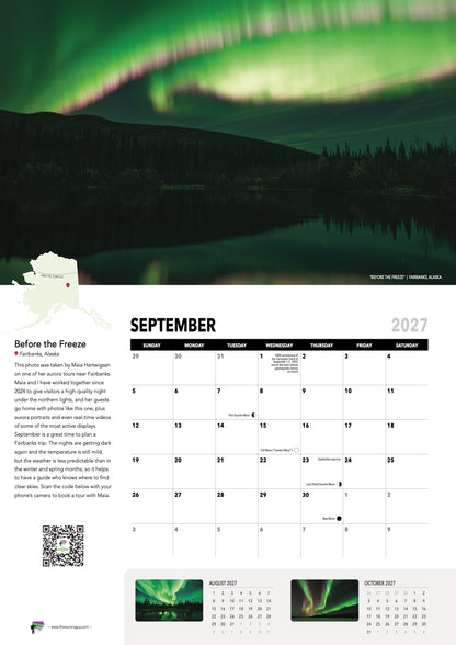 September page of the 2027 Awesome Auroras calendar (International version): "Before the Freeze", Fairbanks, Alaska, above the September 2027 date grid with moon phases and sky events.