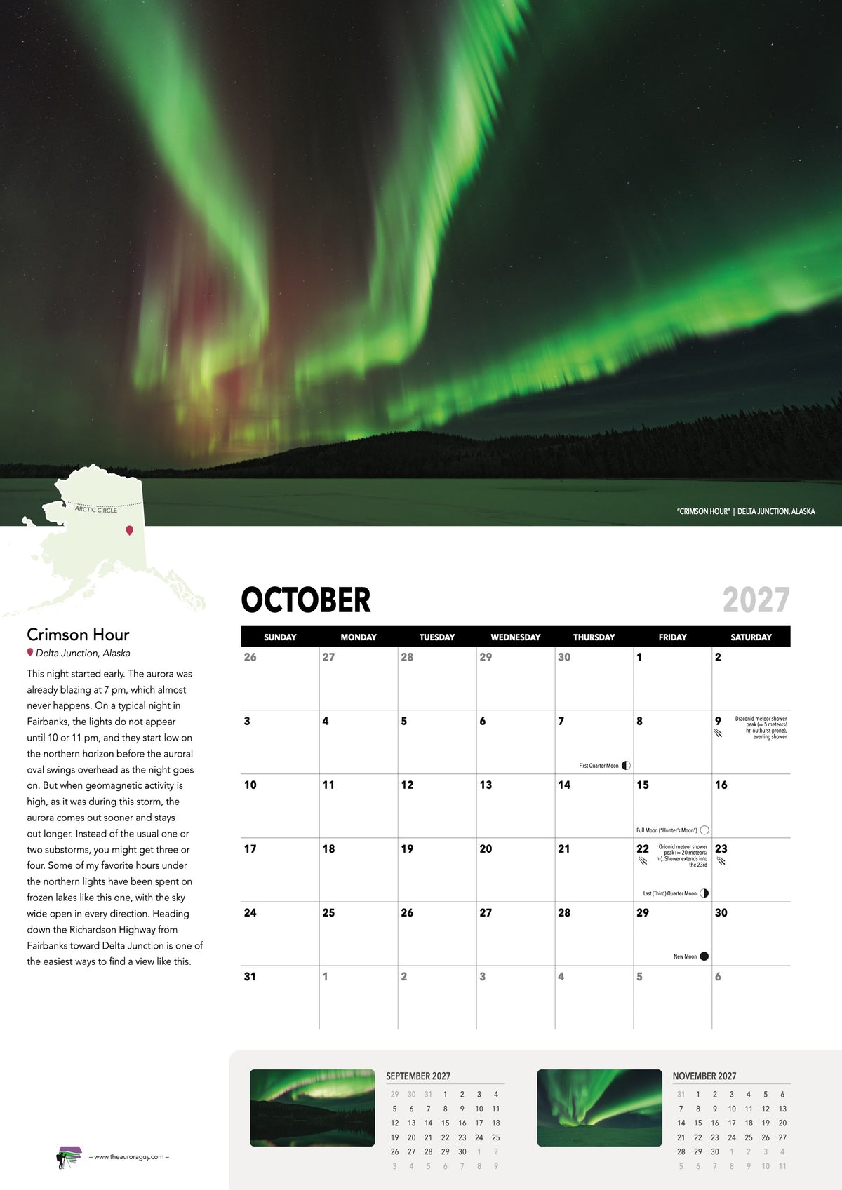 October page of the 2027 Awesome Auroras calendar (International version): "Crimson Hour", Delta Junction, Alaska, above the October 2027 date grid with moon phases and sky events.
