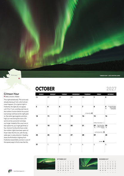 October page of the 2027 Awesome Auroras calendar (International version): "Crimson Hour", Delta Junction, Alaska, above the October 2027 date grid with moon phases and sky events.