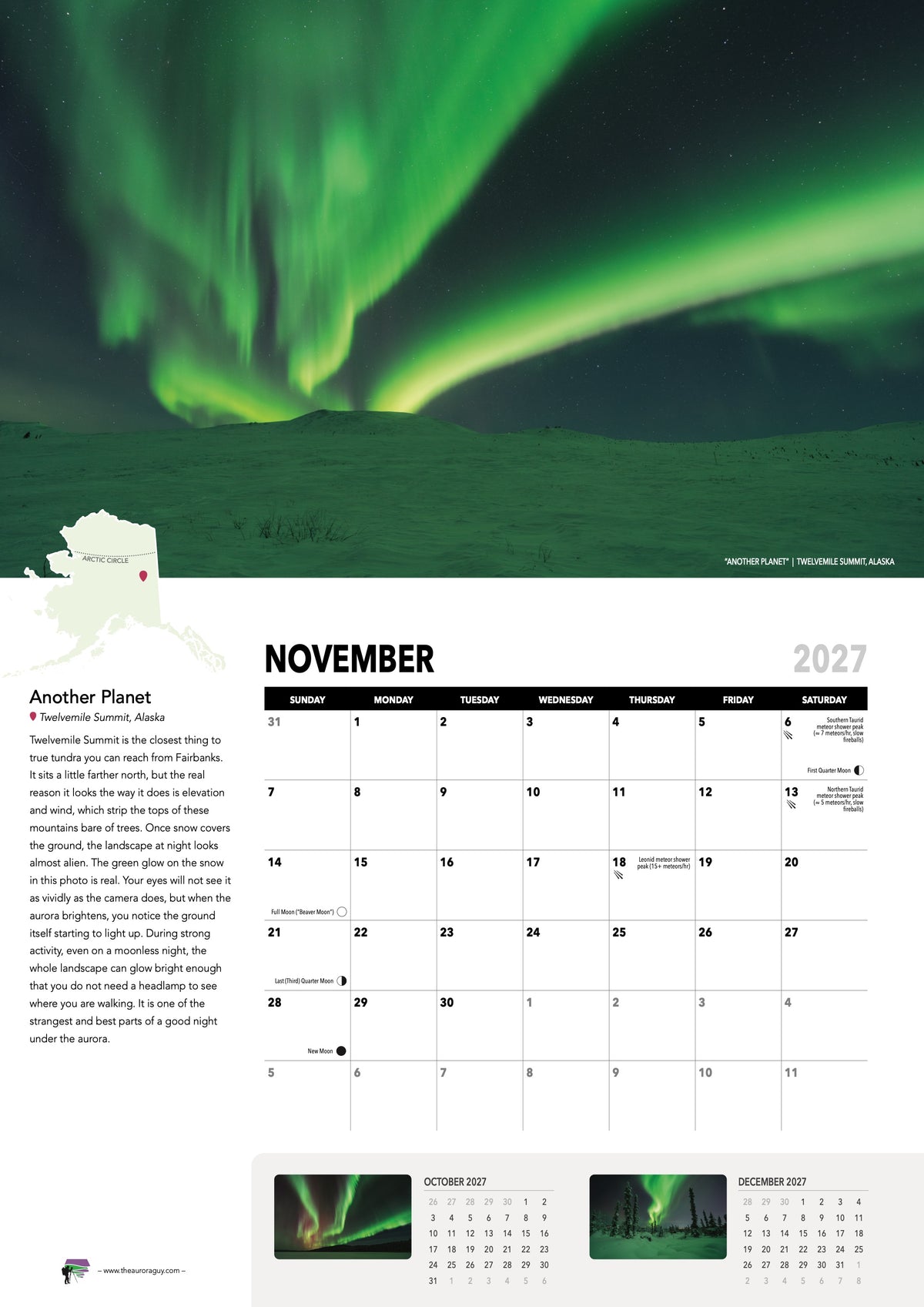 November page of the 2027 Awesome Auroras calendar (International version): "Another Planet", Twelvemile Summit, Alaska, above the November 2027 date grid with moon phases and sky events.