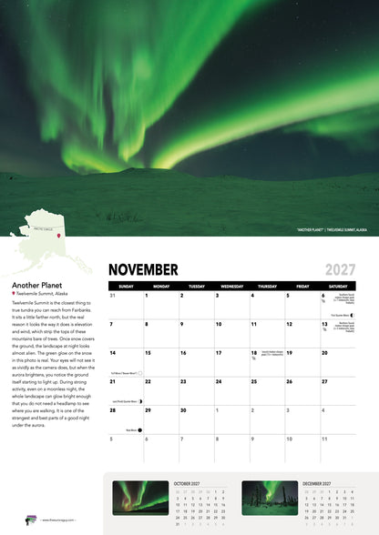 November page of the 2027 Awesome Auroras calendar (International version): "Another Planet", Twelvemile Summit, Alaska, above the November 2027 date grid with moon phases and sky events.