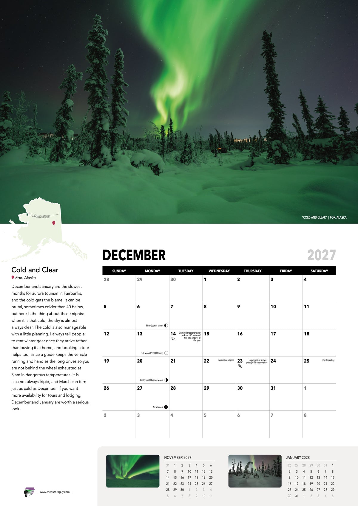 December page of the 2027 Awesome Auroras calendar (International version): "Cold and Clear", Fox, Alaska, above the December 2027 date grid with moon phases and sky events.