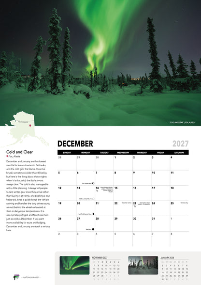 December page of the 2027 Awesome Auroras calendar (International version): "Cold and Clear", Fox, Alaska, above the December 2027 date grid with moon phases and sky events.