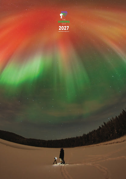 Back cover of the 2027 Awesome Auroras calendar (International version): a red and green aurora corona under The Aurora Guy logo.