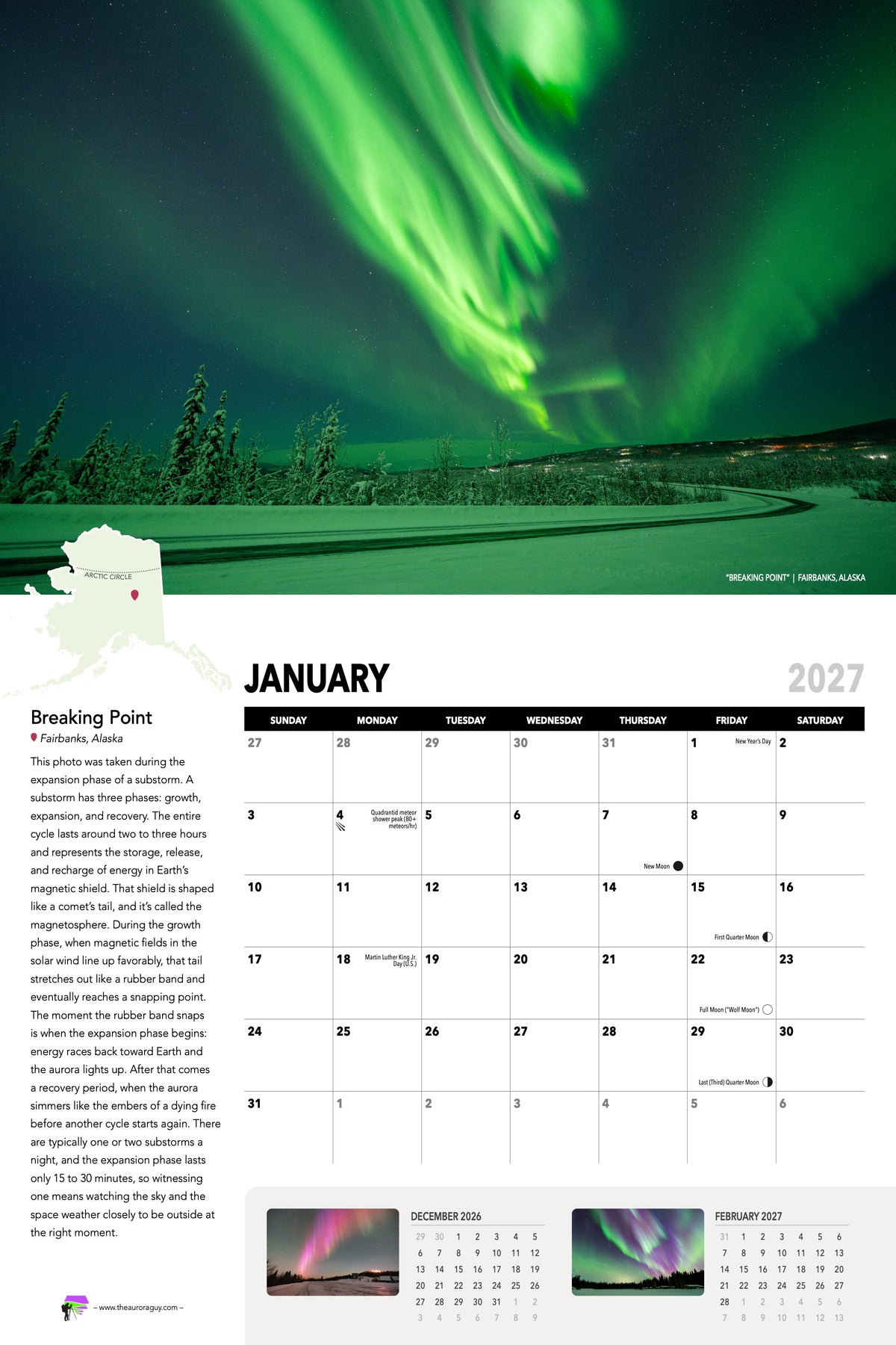 January page of the 2027 Awesome Auroras calendar: "Breaking Point", Fairbanks, Alaska, above the January 2027 date grid with moon phases and sky events.