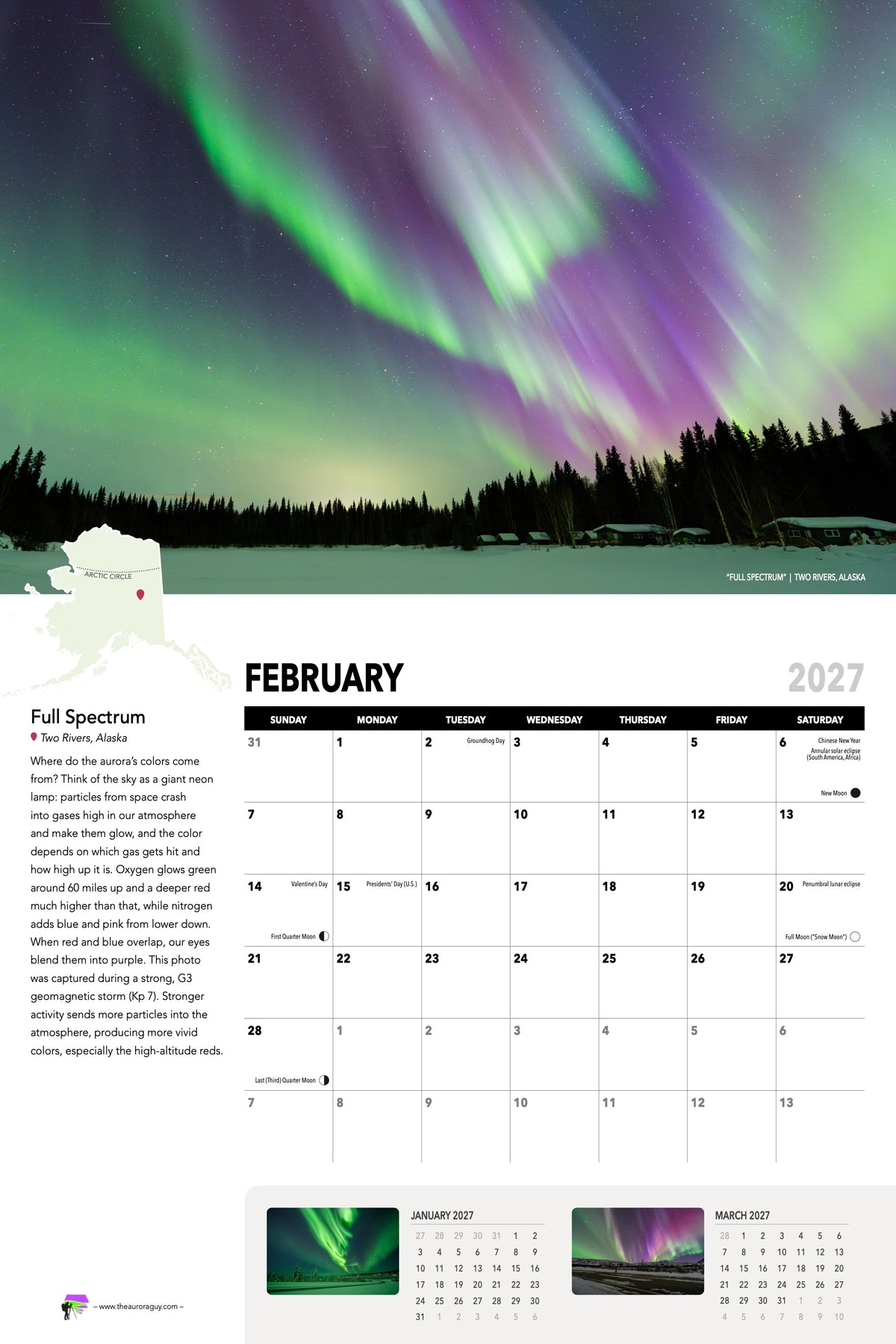 February page of the 2027 Awesome Auroras calendar: "Full Spectrum", Two Rivers, Alaska, above the February 2027 date grid with moon phases and sky events.