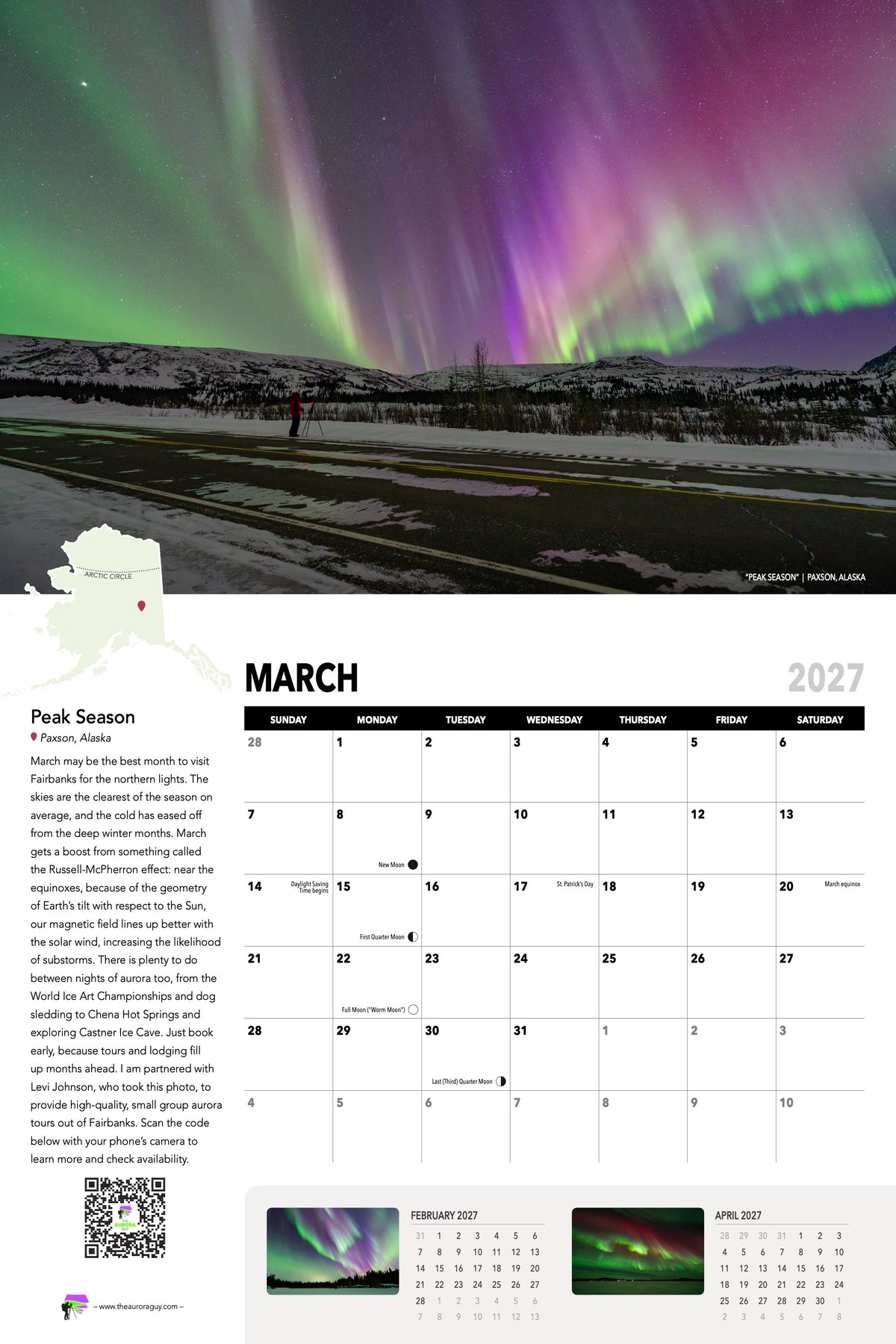 March page of the 2027 Awesome Auroras calendar: "Peak Season", Paxson, Alaska, above the March 2027 date grid with moon phases and sky events.
