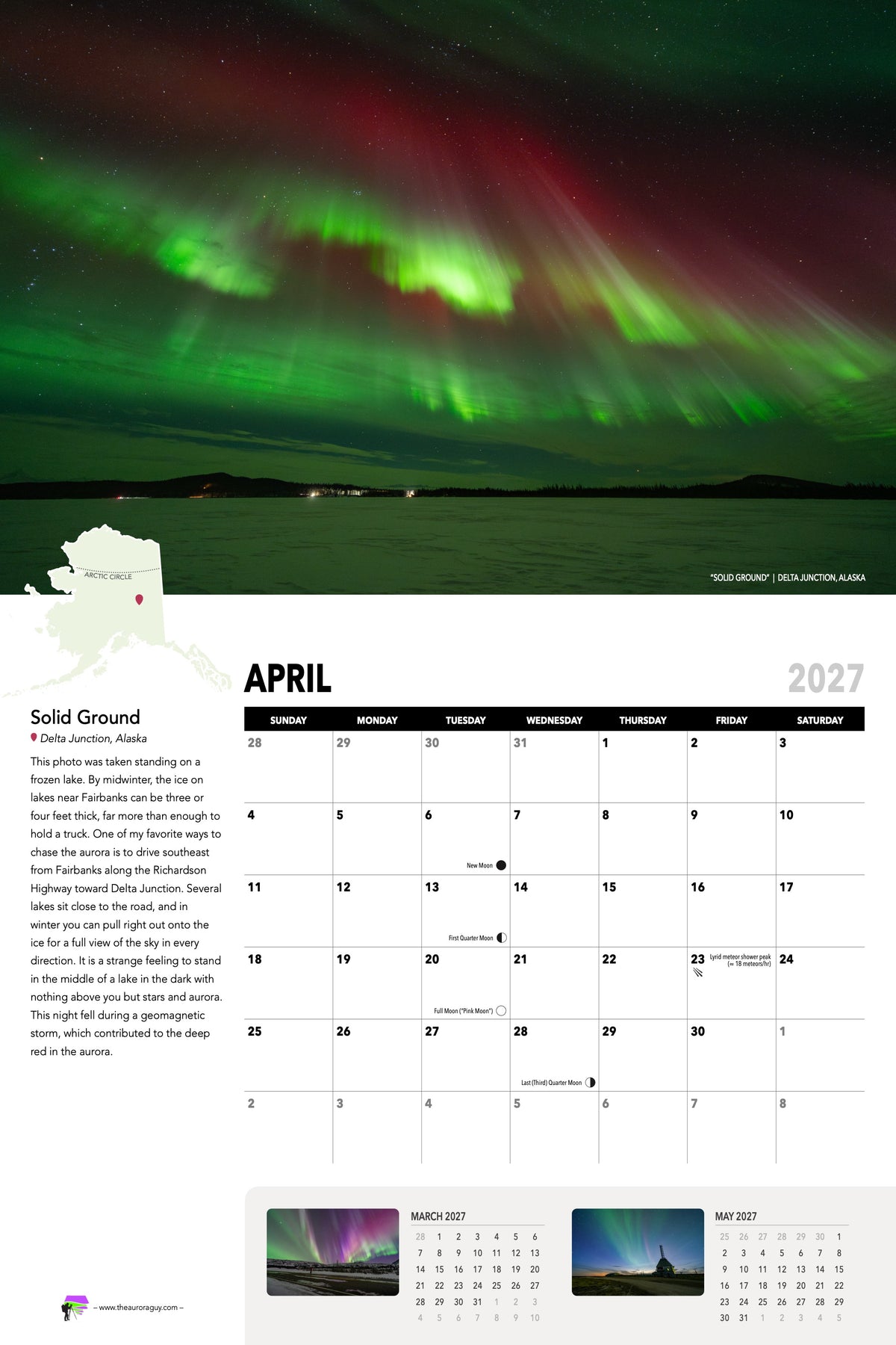 April page of the 2027 Awesome Auroras calendar: "Solid Ground", Delta Junction, Alaska, above the April 2027 date grid with moon phases and sky events.