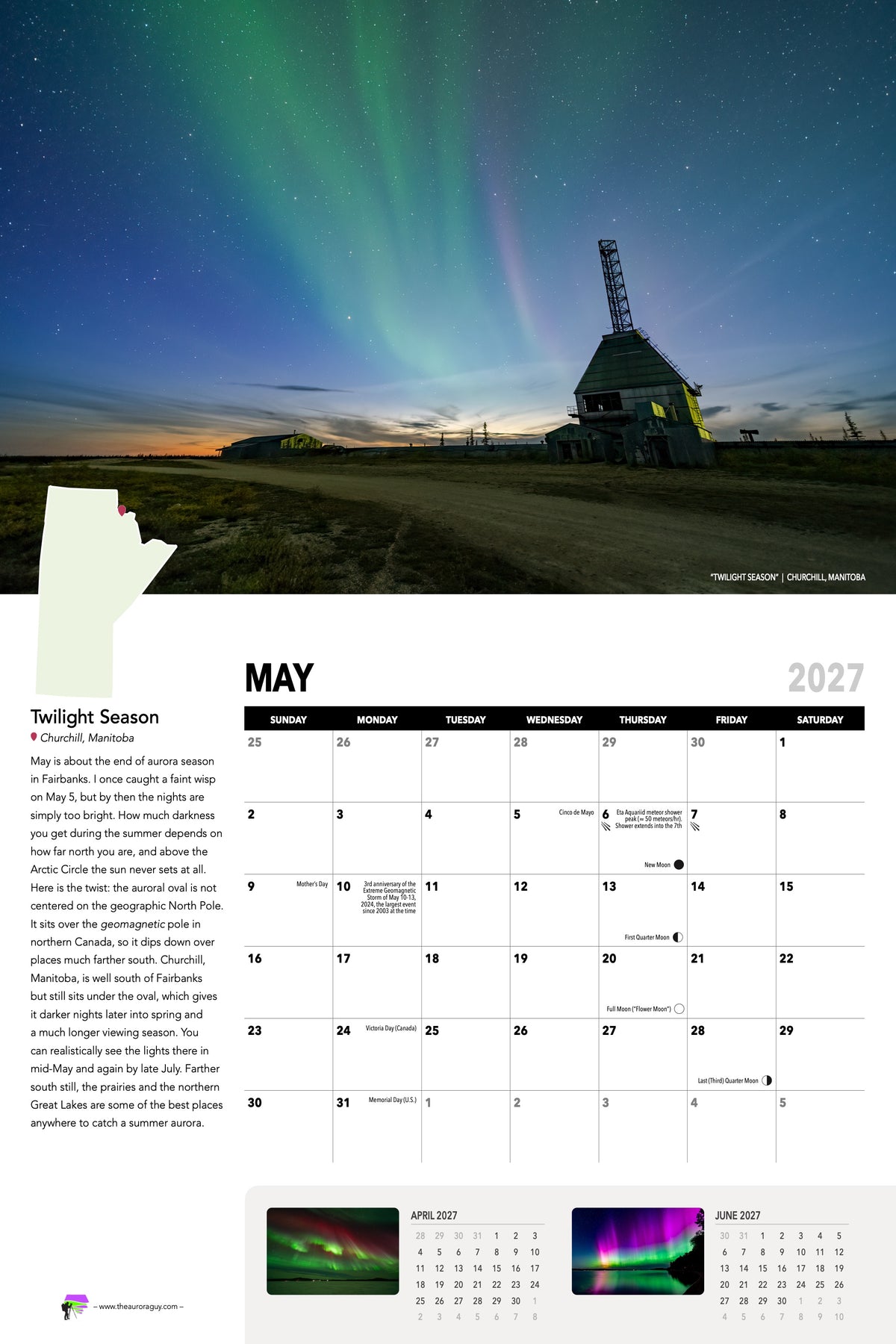 May page of the 2027 Awesome Auroras calendar: "Twilight Season", Churchill, Manitoba, above the May 2027 date grid with moon phases and sky events.