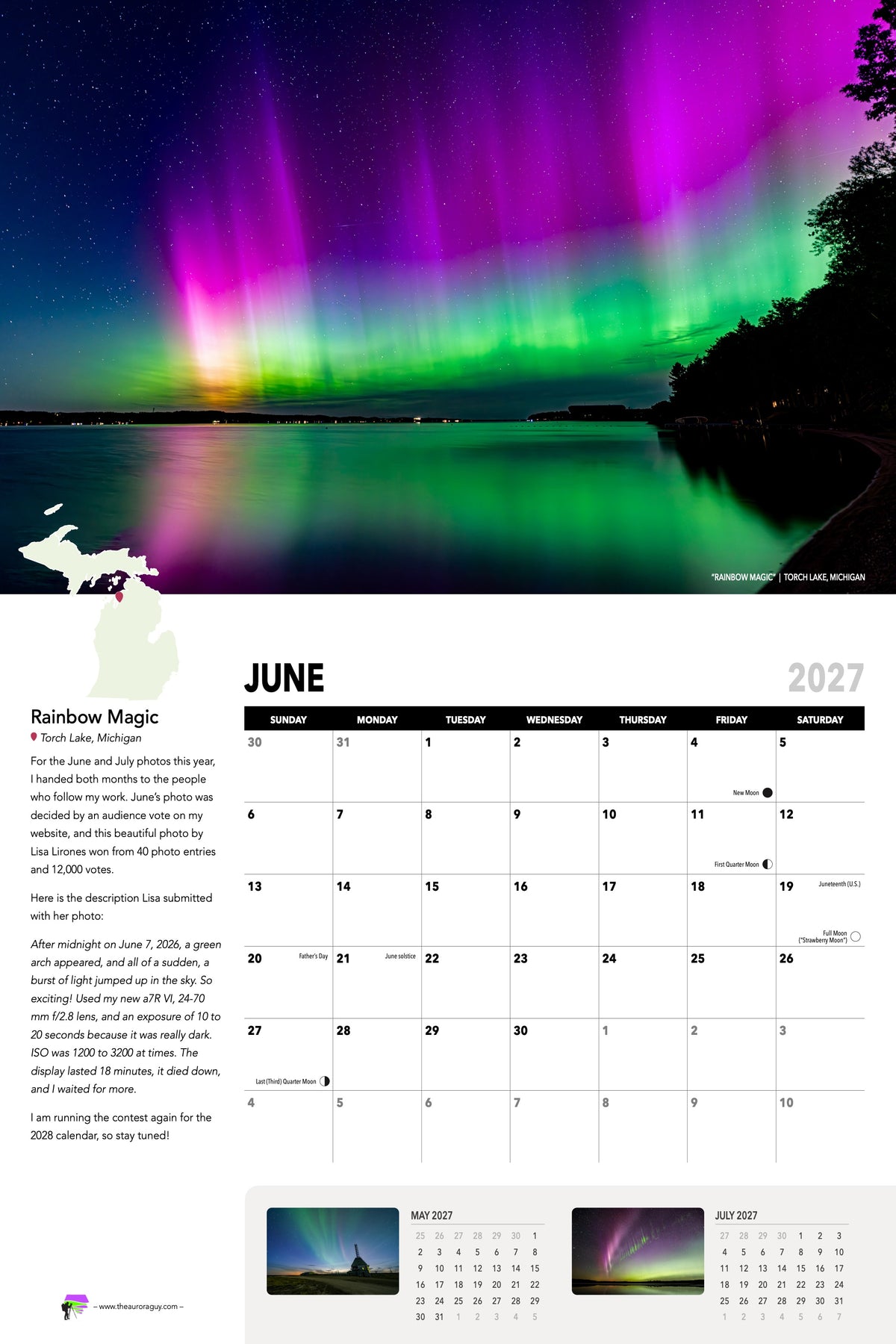 June page of the 2027 Awesome Auroras calendar: "Rainbow Magic", Torch Lake, Michigan, above the June 2027 date grid with moon phases and sky events. Photo by Lisa Lirones.