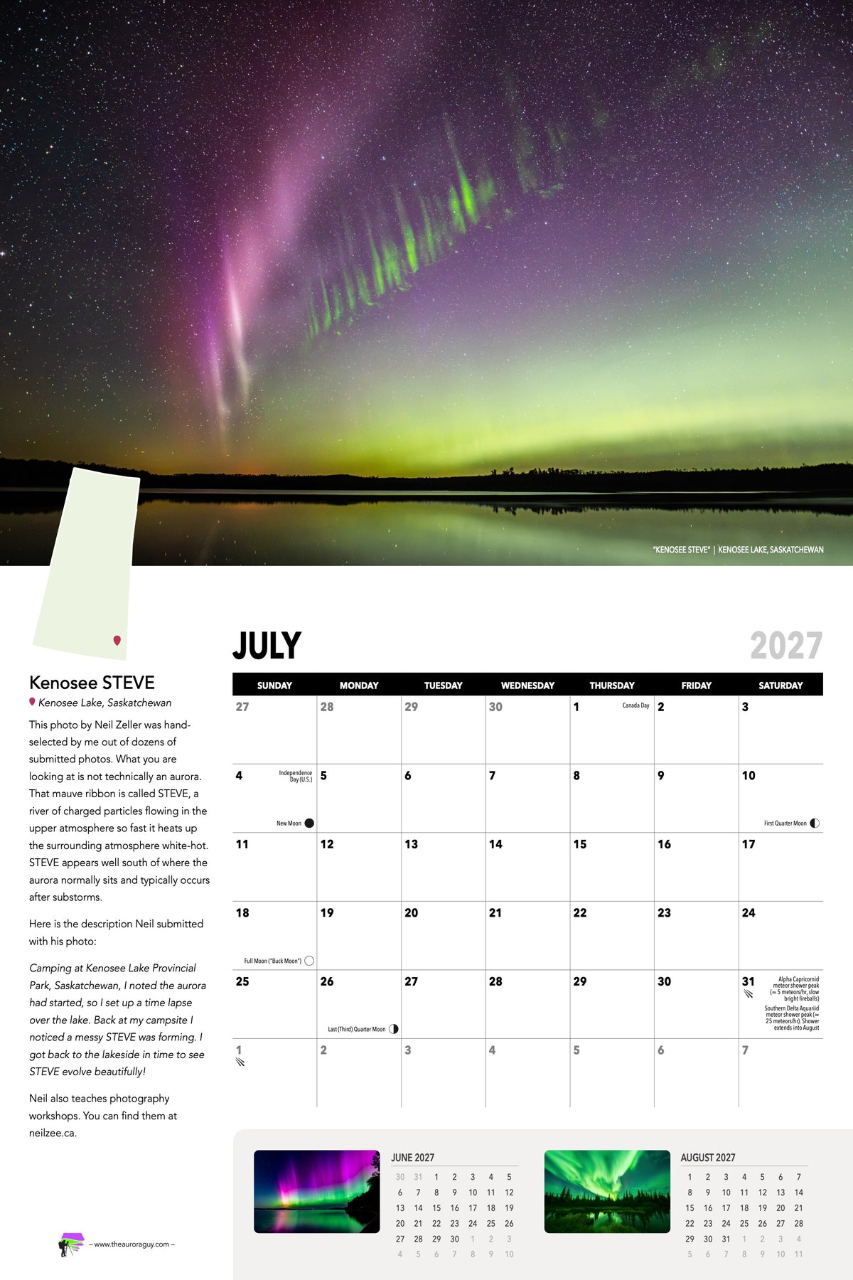 July page of the 2027 Awesome Auroras calendar: "Kenosee STEVE", Kenosee Lake, Saskatchewan, above the July 2027 date grid with moon phases and sky events. Photo by Neil Zeller.