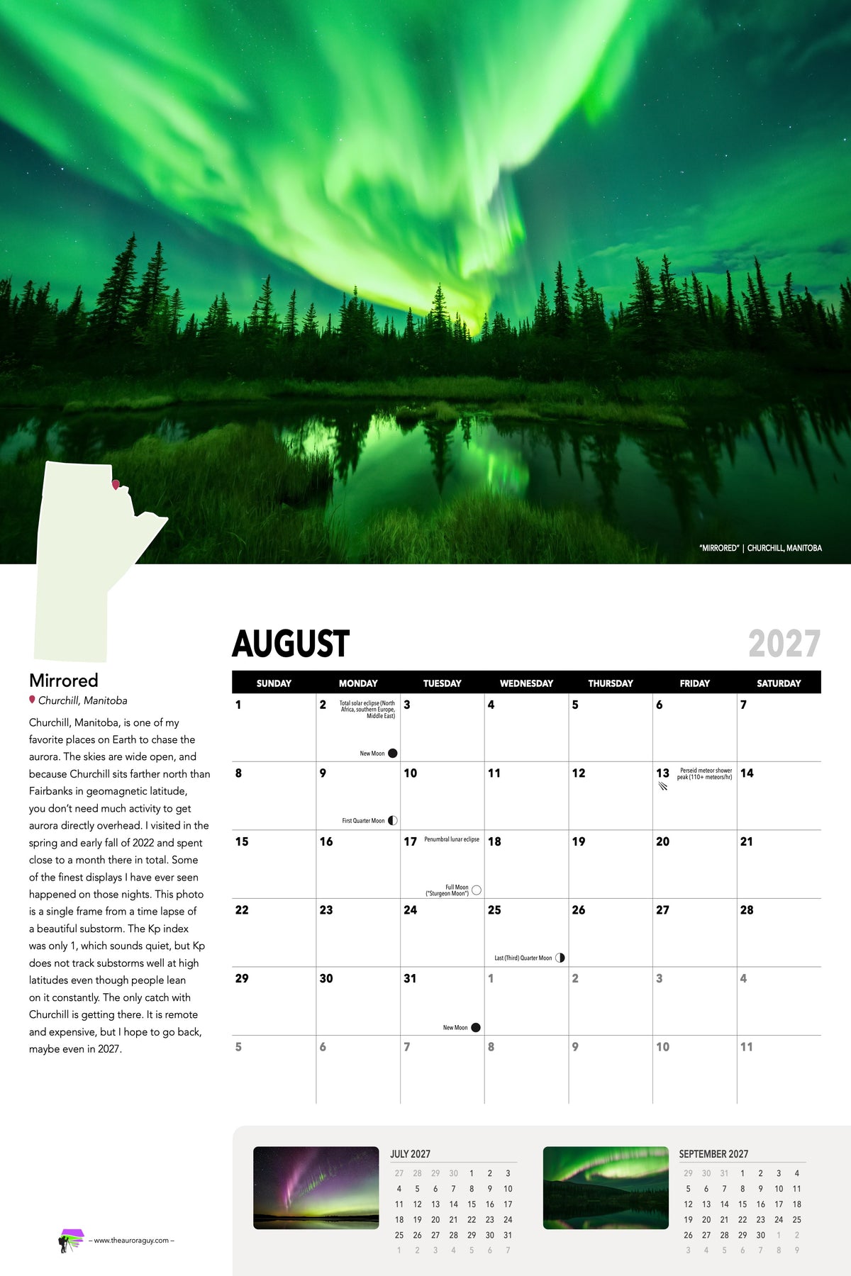 August page of the 2027 Awesome Auroras calendar: "Mirrored", Churchill, Manitoba, above the August 2027 date grid with moon phases and sky events.