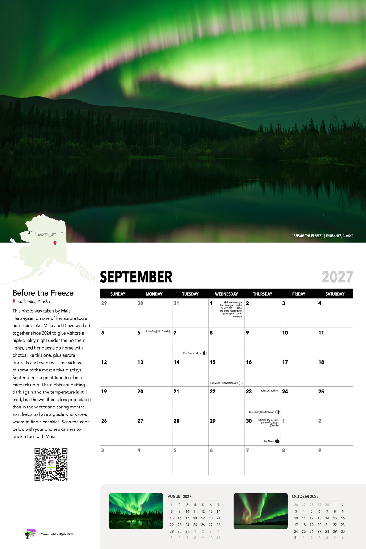 September page of the 2027 Awesome Auroras calendar: "Before the Freeze", Fairbanks, Alaska, above the September 2027 date grid with moon phases and sky events.