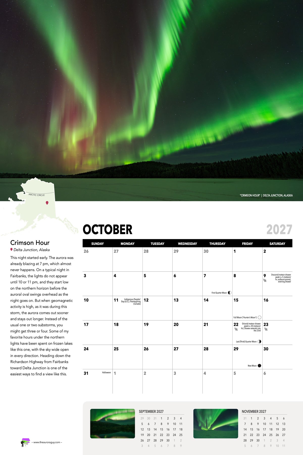 October page of the 2027 Awesome Auroras calendar: "Crimson Hour", Delta Junction, Alaska, above the October 2027 date grid with moon phases and sky events.
