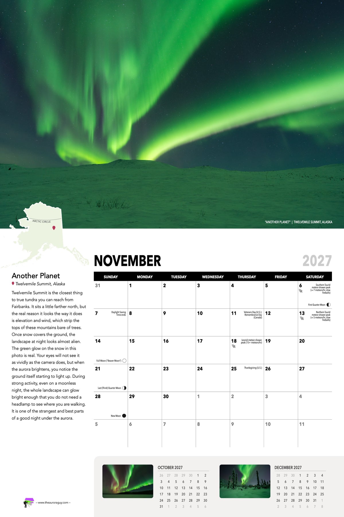 November page of the 2027 Awesome Auroras calendar: "Another Planet", Twelvemile Summit, Alaska, above the November 2027 date grid with moon phases and sky events.