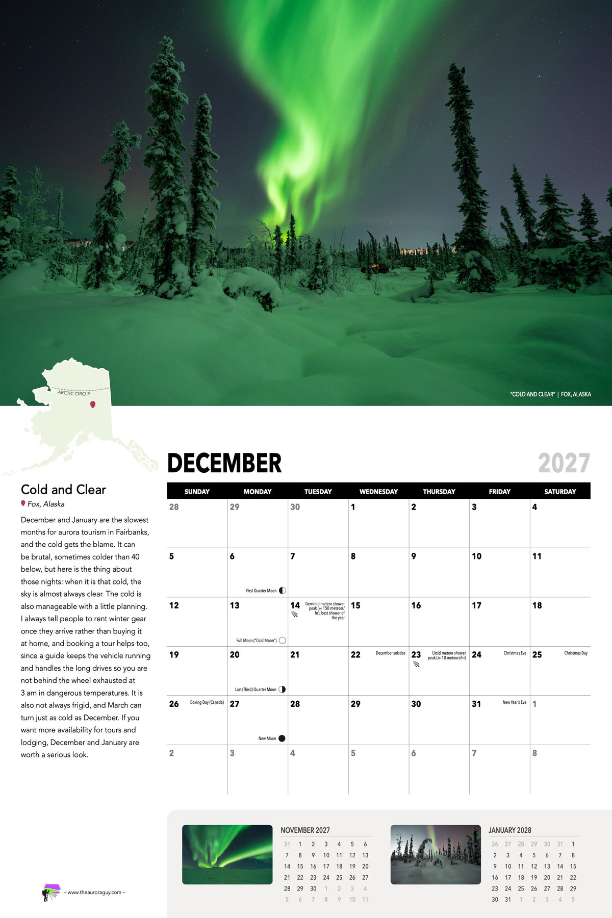 December page of the 2027 Awesome Auroras calendar: "Cold and Clear", Fox, Alaska, above the December 2027 date grid with moon phases and sky events.