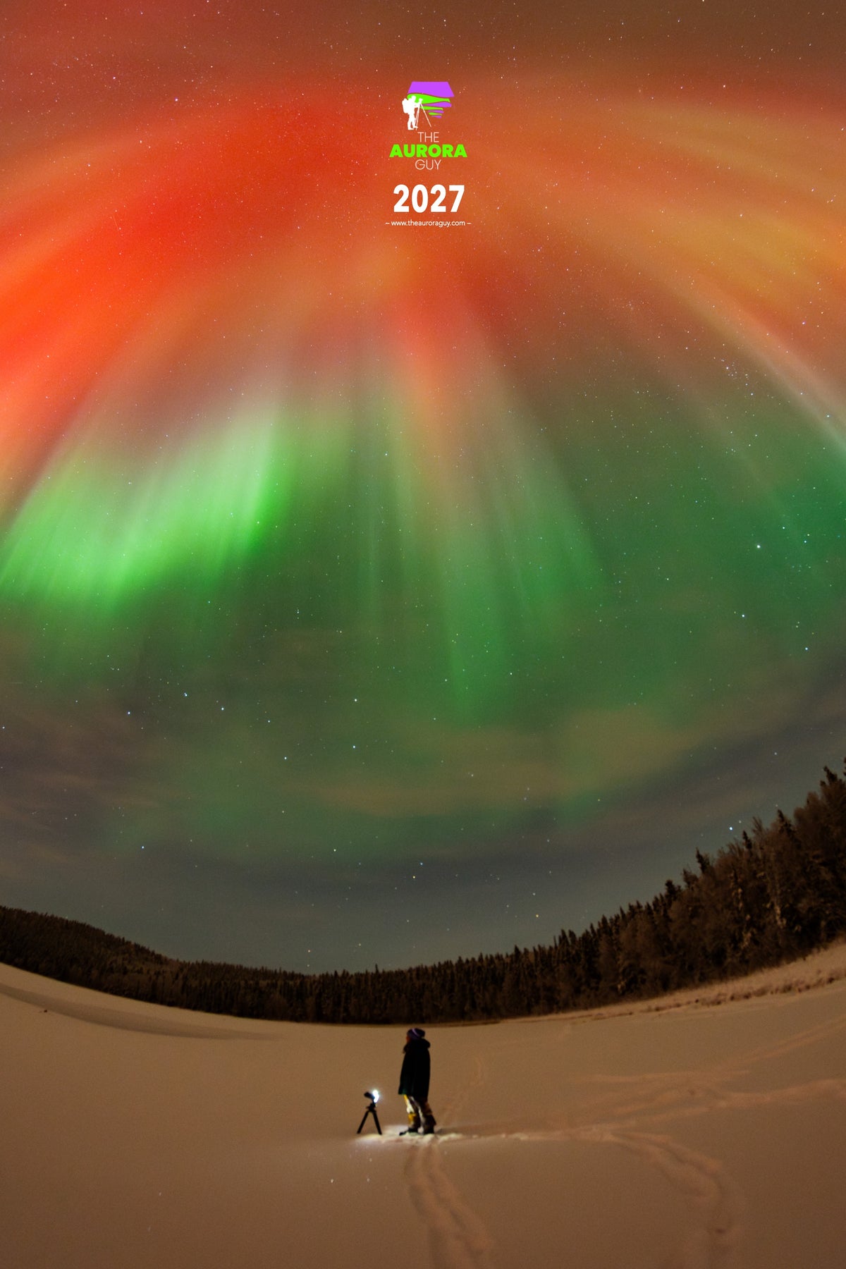 Back cover of the 2027 Awesome Auroras calendar: a red and green aurora corona under The Aurora Guy logo.
