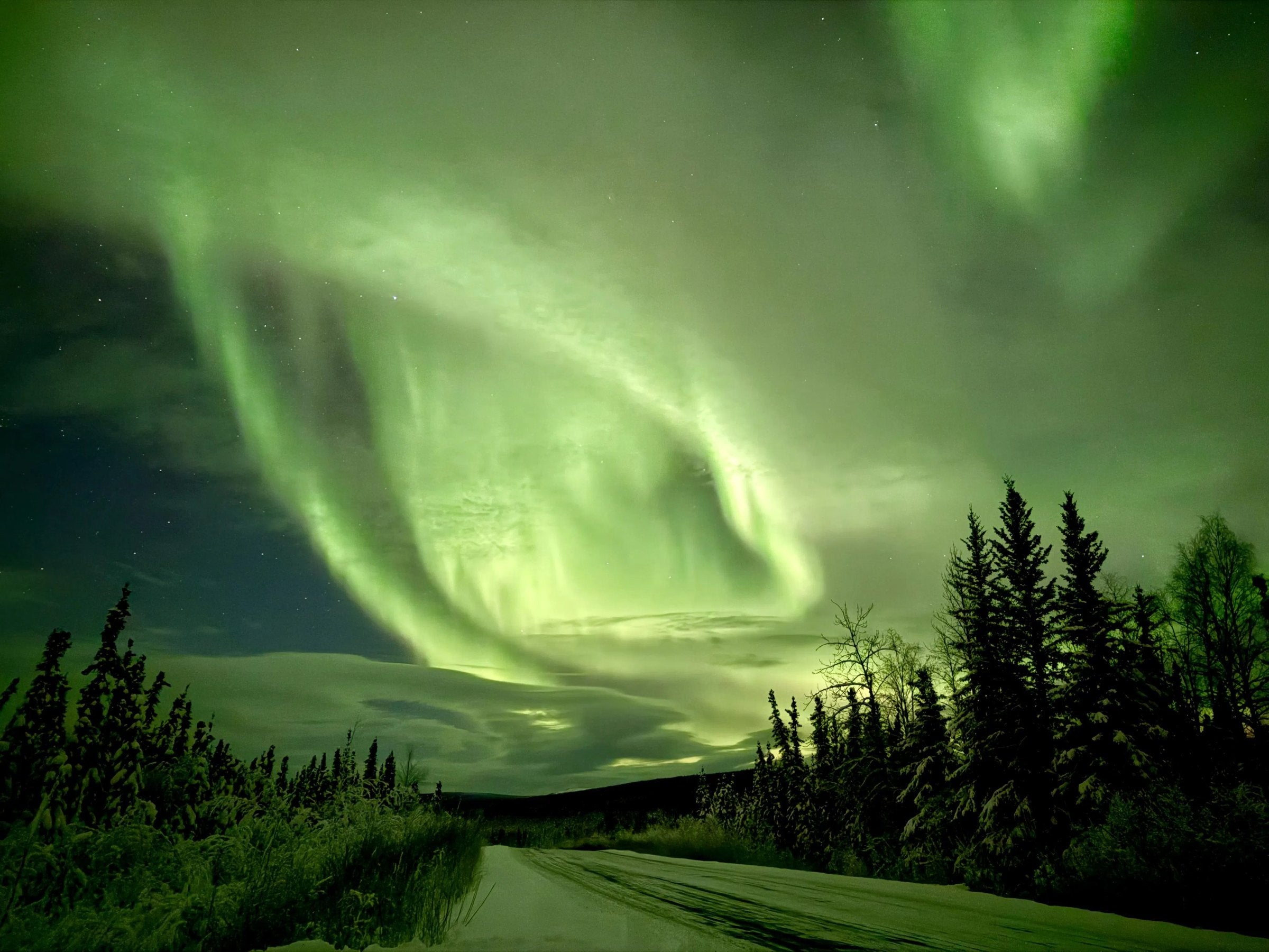 Bright green aurora over a snowy road north of Fairbanks, Alaska