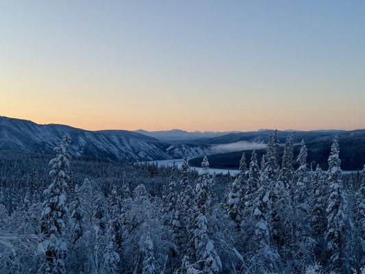 Winter twilight over snow-covered spruce and distant hills along the Dalton Highway in Interior Alaska 7